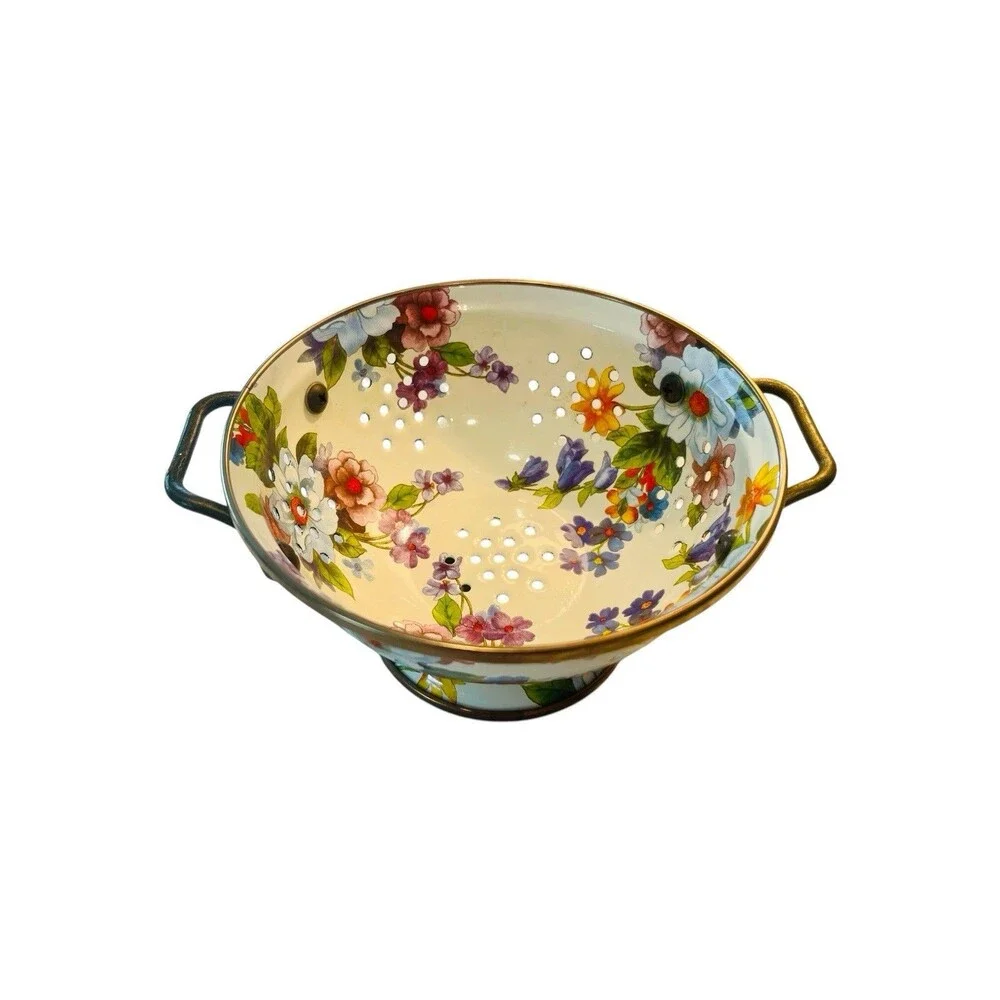 Mackenzie Childs Enamel Colander Decor Kitchen Strainer White Flower Market 6”